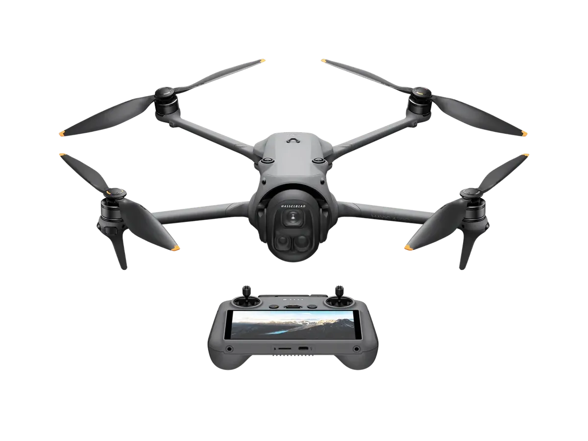 DJI Mavic 4 Pro folding camera drone with its three-camera Hasselblad gimbal