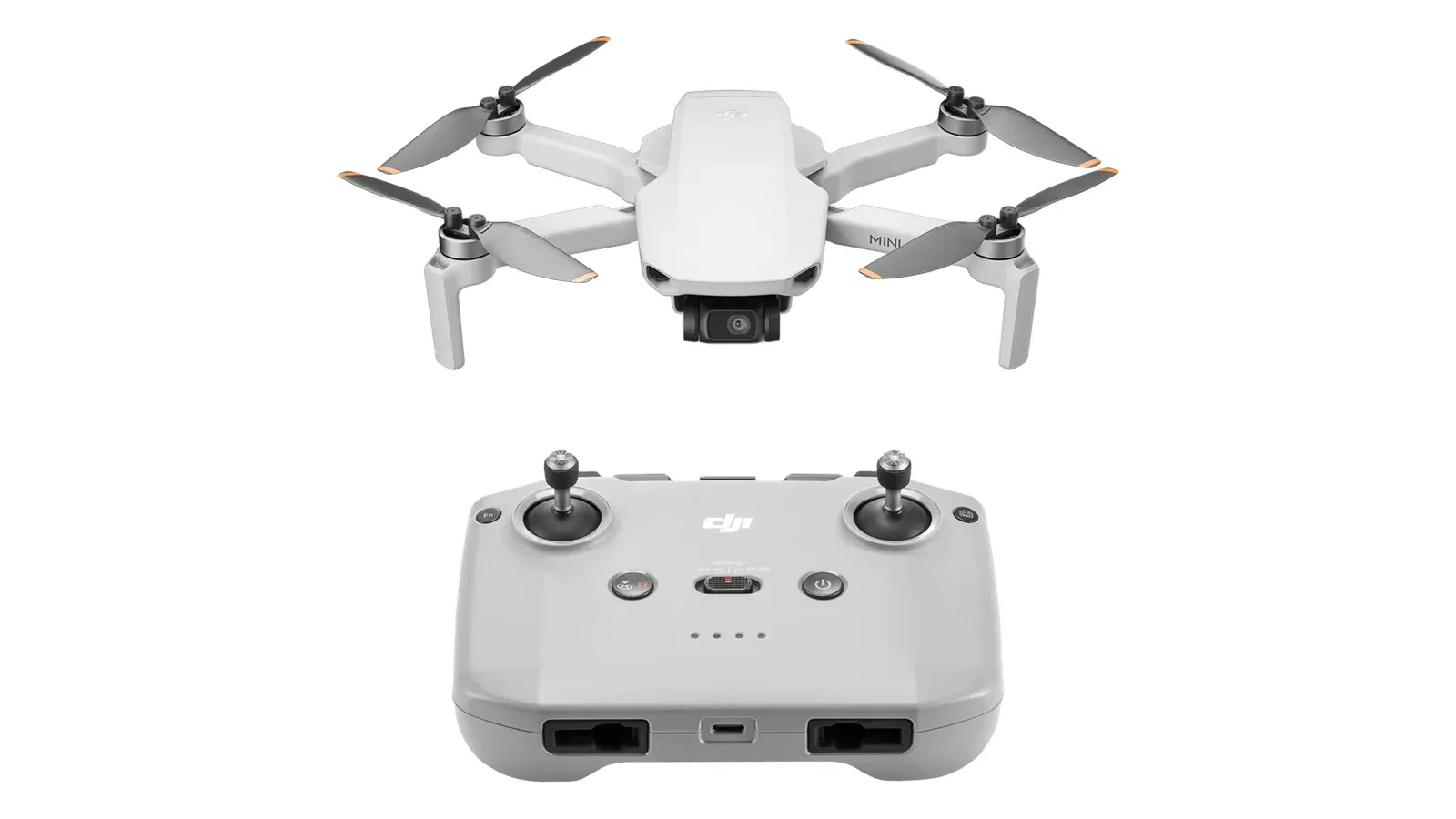 DJI Mini 4K grey folding drone with its arms open, above its grey RC-N1C remote controller, on a white background