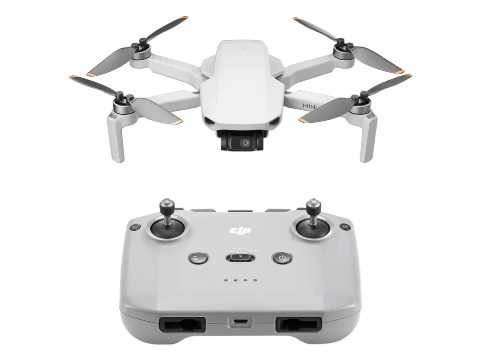 DJI Mini 4K grey folding drone with its arms open, above its grey RC-N1C remote controller, on a white background