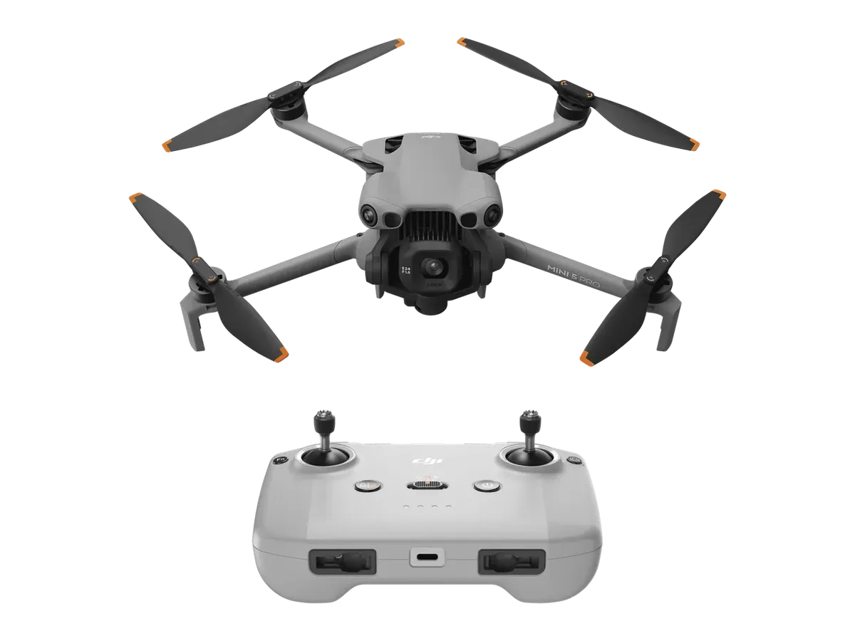 DJI Mini 5 Pro folding consumer drone with its remote controller