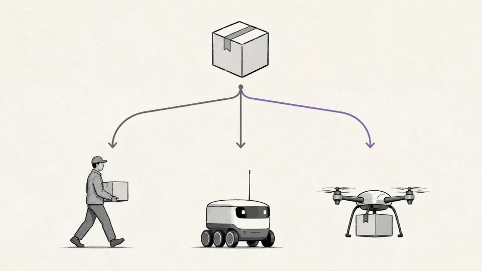 A delivery order icon at the top of a diagram branching into three routes below it — a courier, a small ground robot and a quadcopter — with one route highlighted