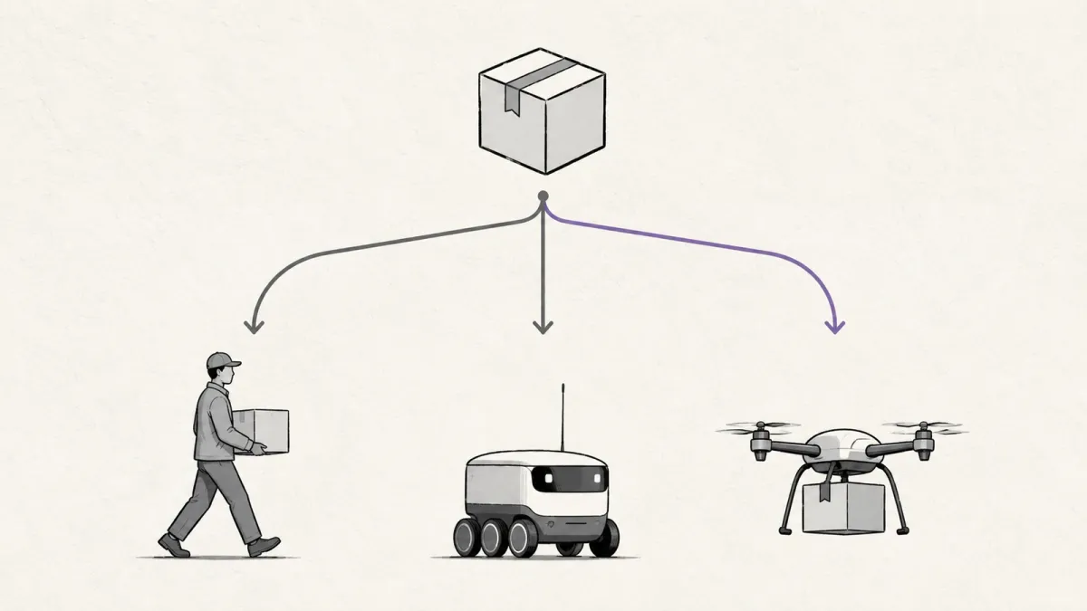 A delivery order icon at the top of a diagram branching into three routes below it — a courier, a small ground robot and a quadcopter — with one route highlighted