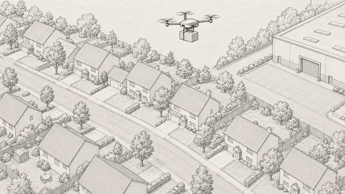 Graphite line drawing of a suburban street of detached houses seen from above, with a small delivery drone crossing the frame and a warehouse loading bay at the edge