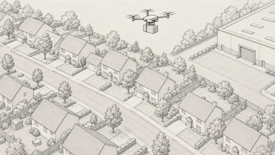 Graphite line drawing of a suburban street of detached houses seen from above, with a small delivery drone crossing the frame and a warehouse loading bay at the edge