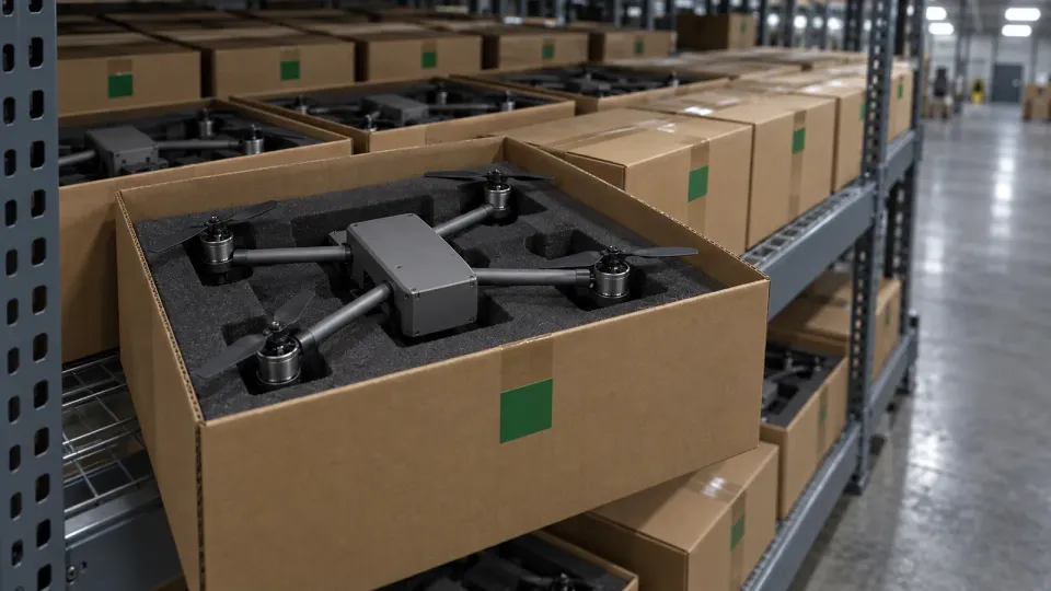 A generic grey quadcopter in a foam-lined cardboard carton pulled forward from steel warehouse racking, with open cartons and sealed cartons behind it under cool overhead light