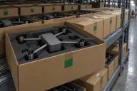 A generic grey quadcopter in a foam-lined cardboard carton pulled forward from steel warehouse racking, with open cartons and sealed cartons behind it under cool overhead light