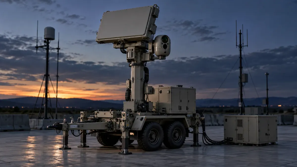Trailer-mounted counter-drone radar and electro-optical sensor on a hardstanding at dusk, with antenna masts silhouetted behind it