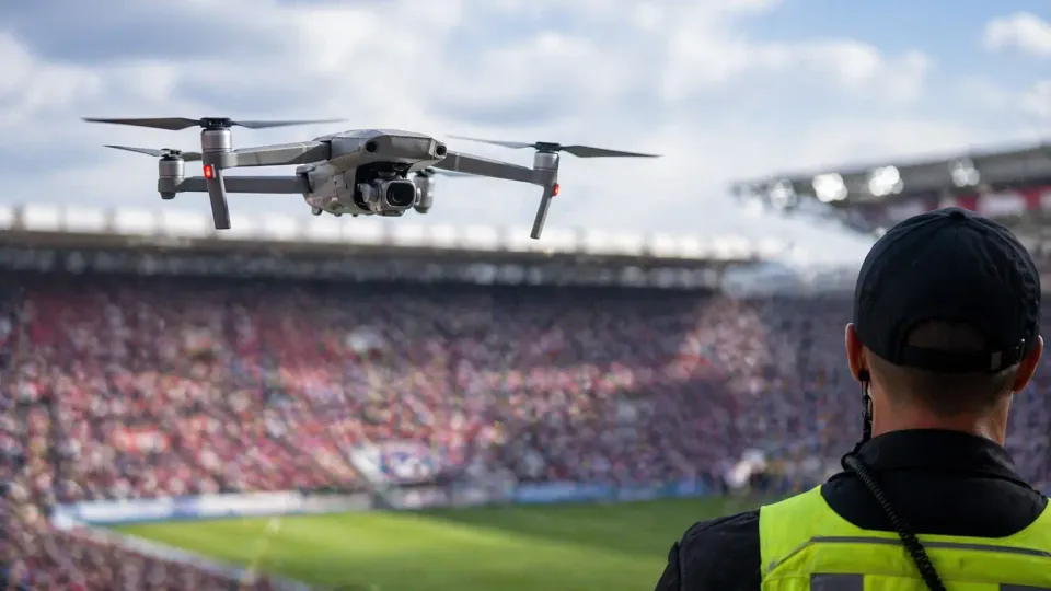 Security personnel monitoring airspace at a large outdoor stadium during a major sporting event