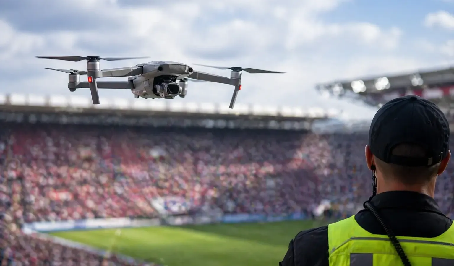 Security personnel monitoring airspace at a large outdoor stadium during a major sporting event