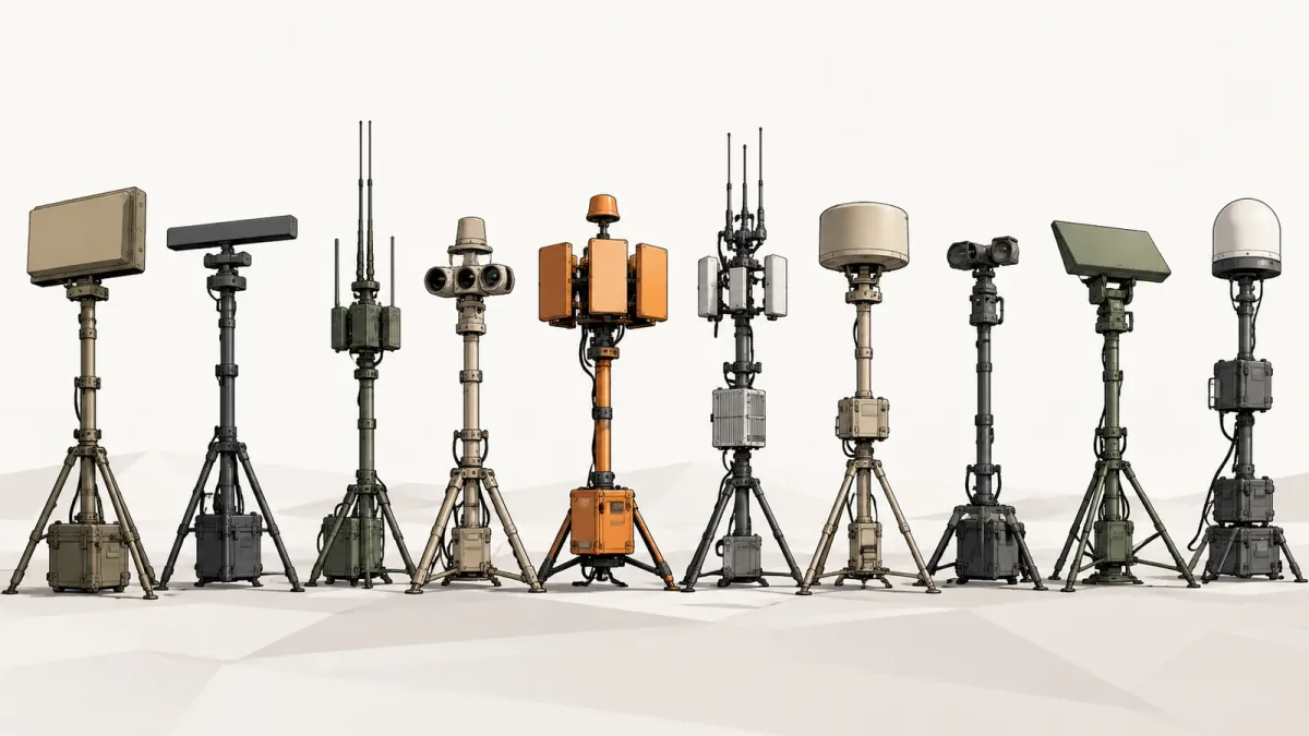 Illustration of ten generic counter-drone sensor masts of different shapes standing in a row on a minimal low-poly ground, on an off-white background
