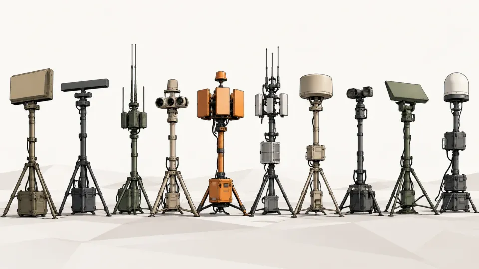 Illustration of ten generic counter-drone sensor masts of different shapes standing in a row on a minimal low-poly ground, on an off-white background
