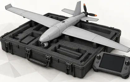 Illustration of a small hand-launched fixed-wing drone resting on an open transport case beside its ground controller, on a white background