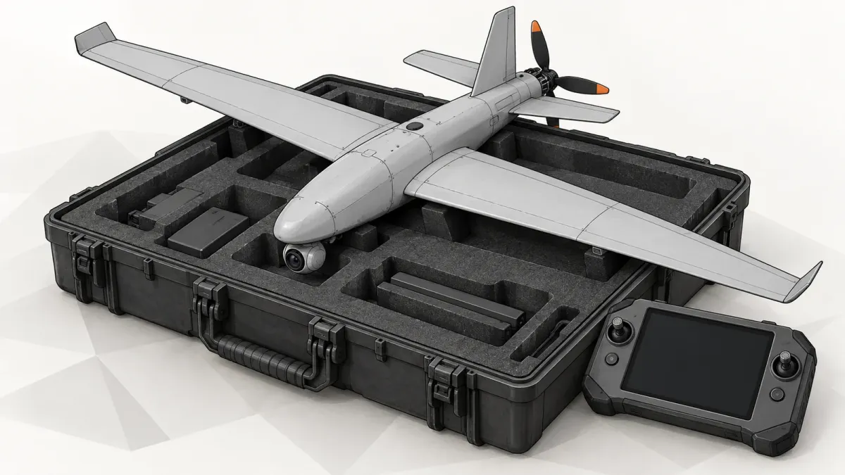 Illustration of a small hand-launched fixed-wing drone resting on an open transport case beside its ground controller, on a white background
