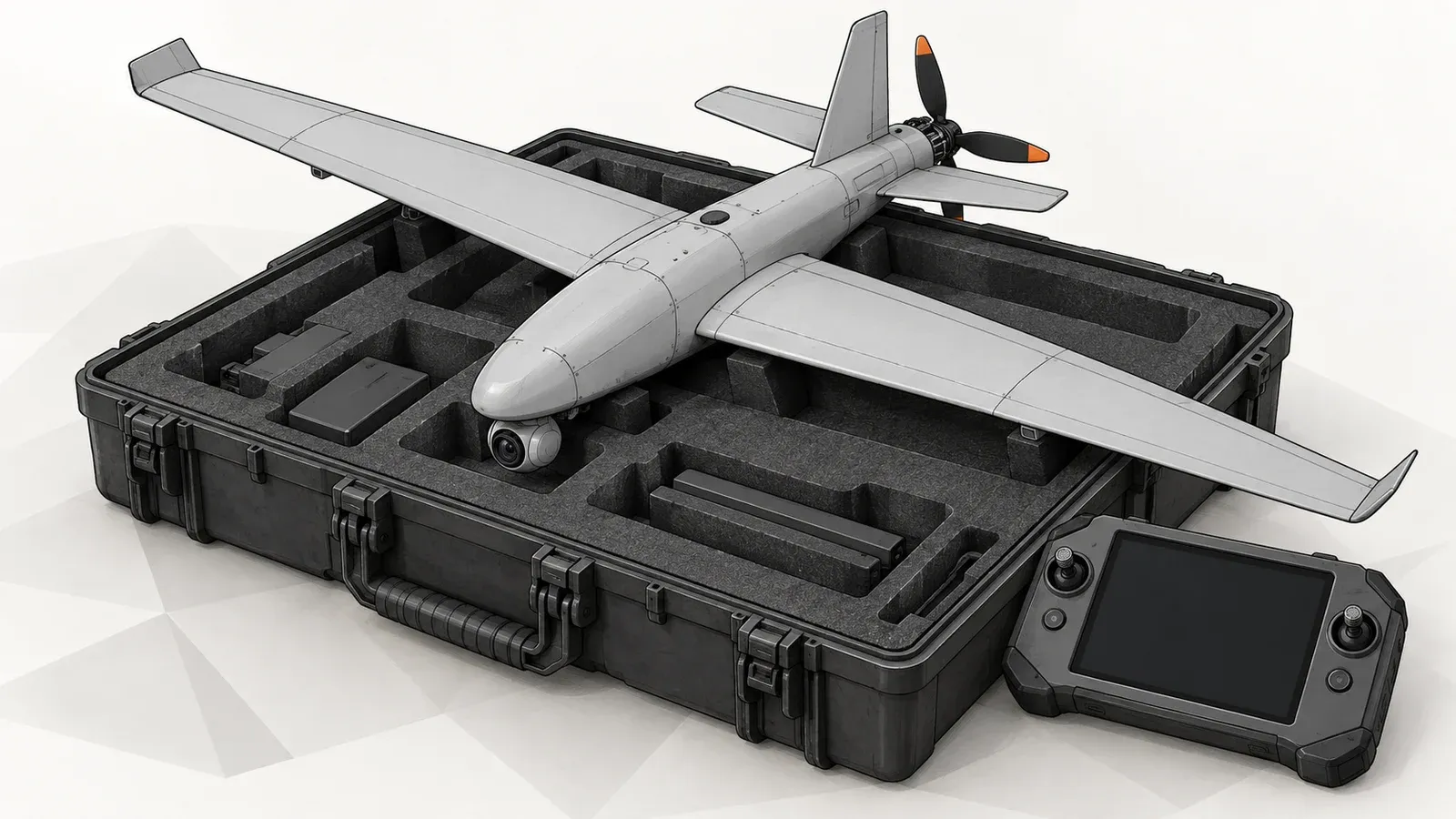Illustration of a small hand-launched fixed-wing drone resting on an open transport case beside its ground controller, on a white background