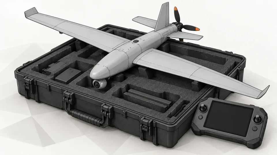 Illustration of a small hand-launched fixed-wing drone resting on an open transport case beside its ground controller, on a white background