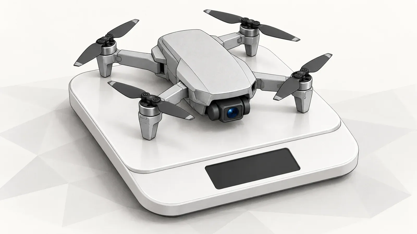 Illustration of a small folding camera drone resting on a plain kitchen scale, on a white background