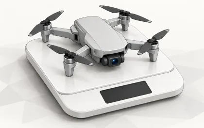 Illustration of a small folding camera drone resting on a plain kitchen scale, on a white background