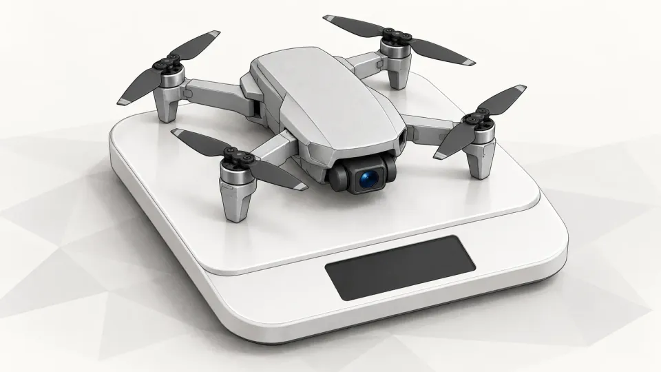 Illustration of a small folding camera drone resting on a plain kitchen scale, on a white background