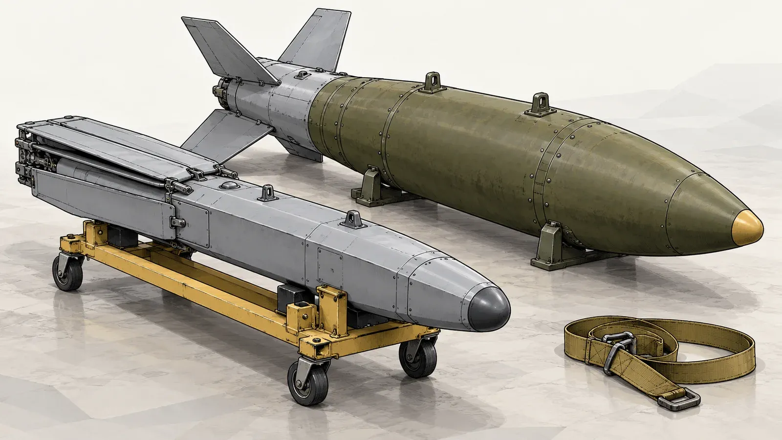 Illustration of a small grey finned glide bomb resting on a low weapons cradle beside a larger drab bomb body fitted with a tail guidance kit, on a pale floor