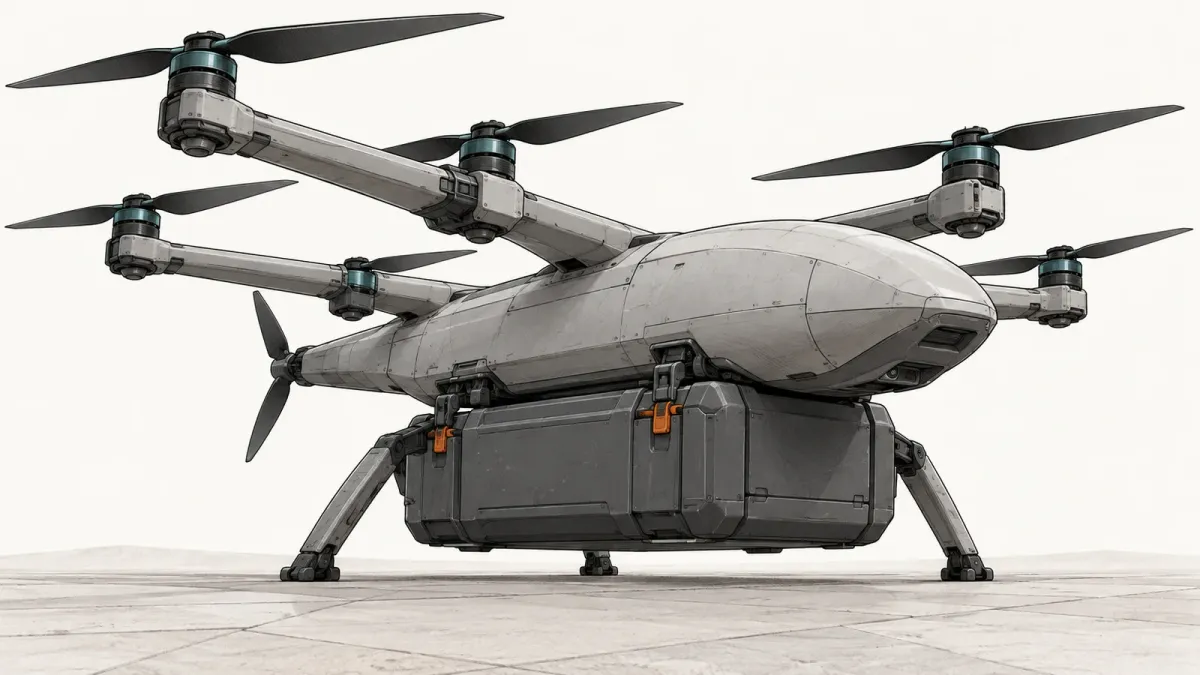 Illustration of a generic hybrid-electric cargo drone with lift rotors and a detachable cargo pod beneath it, on an off-white background