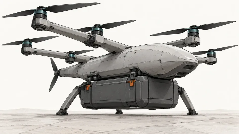 Illustration of a generic hybrid-electric cargo drone with lift rotors and a detachable cargo pod beneath it, on an off-white background
