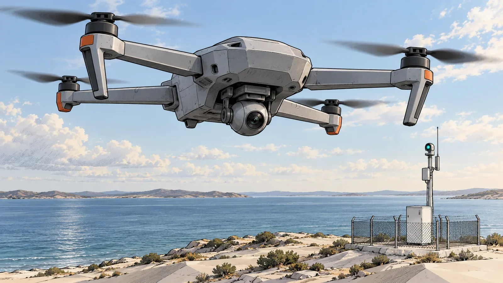 Illustration of a generic grey surveillance quadcopter hovering above a coastal border post with a sensor mast and a low fence, beside calm blue water
