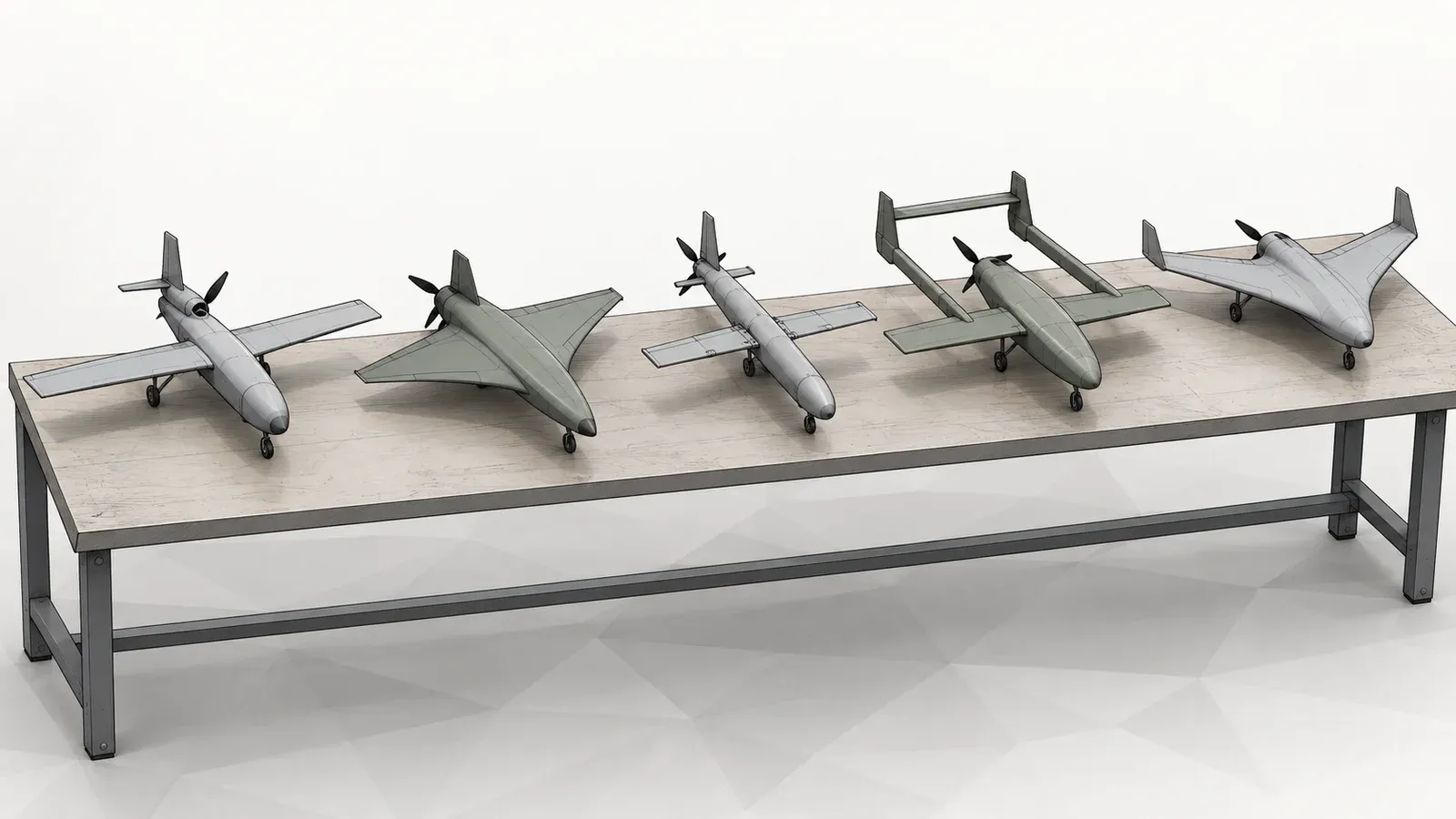 Illustration of five different small fixed-wing drones lined up on a plain test bench, on a white background