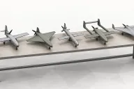 Illustration of five different small fixed-wing drones lined up on a plain test bench, on a white background