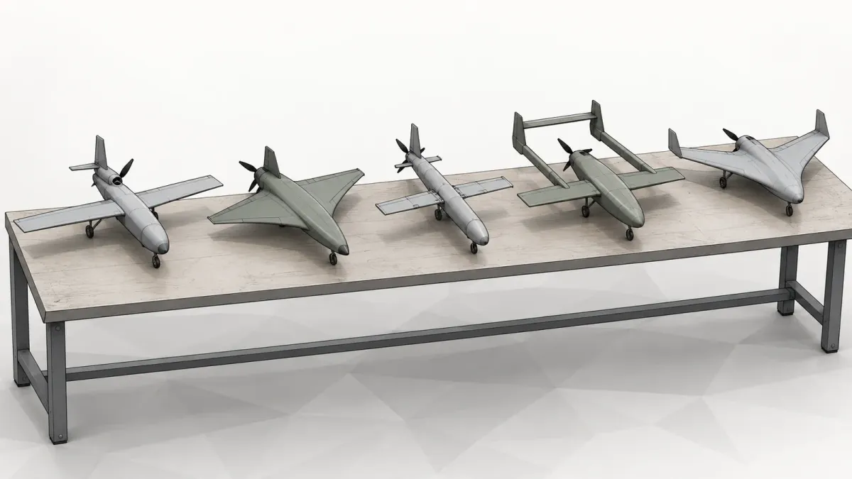 Illustration of five different small fixed-wing drones lined up on a plain test bench, on a white background