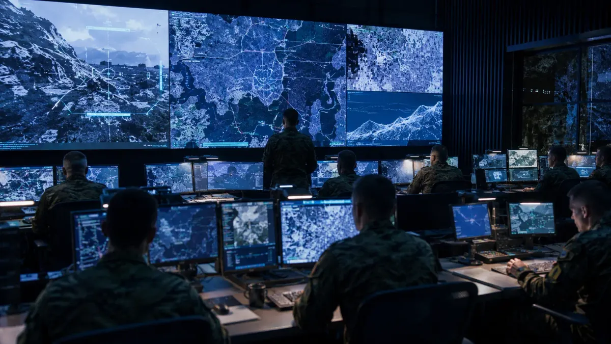 European military command center with digital battle management displays and AI-enabled decision support systems