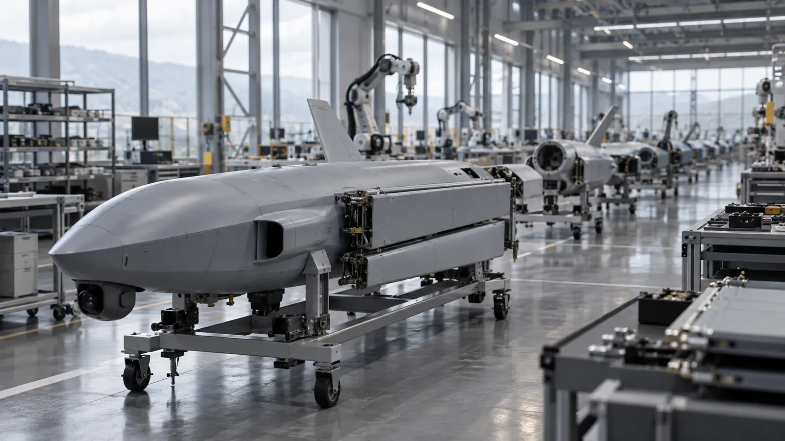 Generic fixed-wing drones on wheeled cradles along an assembly line in a bright factory hall