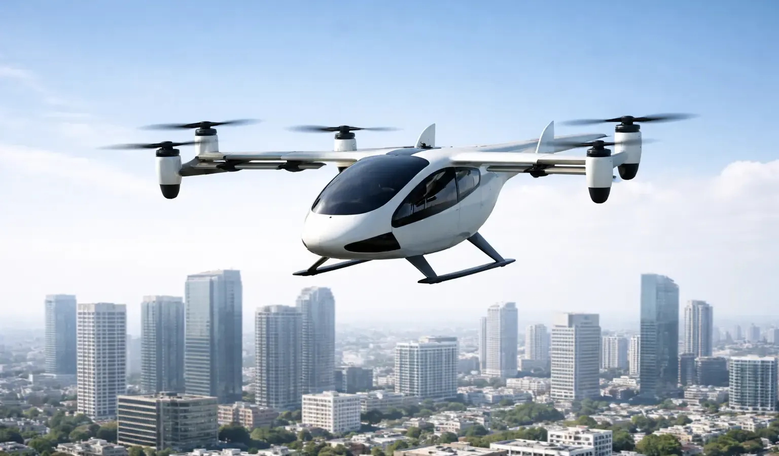 Joby Aviation S4 eVTOL aircraft in flight over a city, electric air taxi with tilting rotors