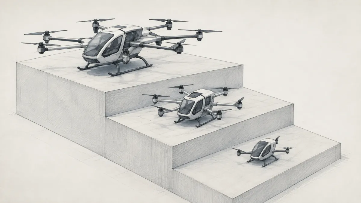 Three descending steps drawn in linework, each holding a progressively smaller electric multirotor aircraft, the largest at the top step and the smallest at the bottom