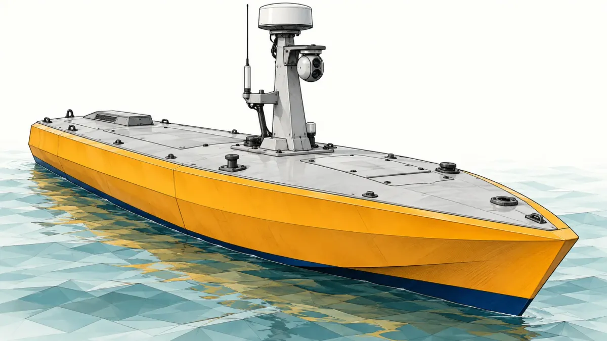 Illustration of a generic uncrewed surface boat with a sensor mast, on a minimal low-poly sea, on an off-white background