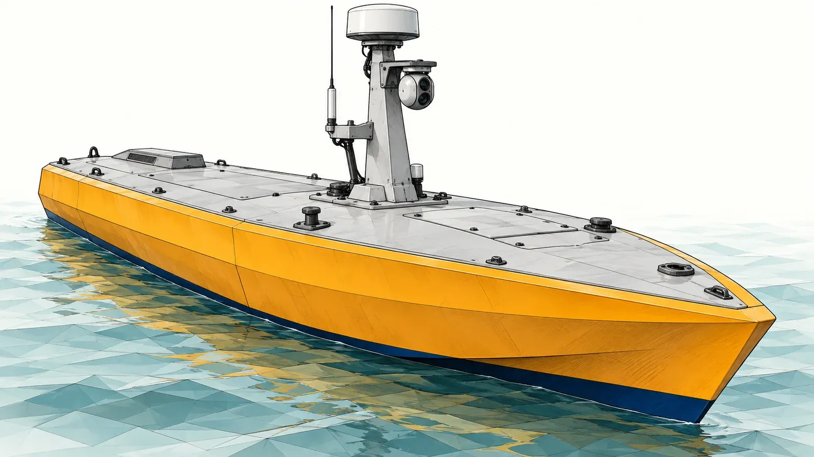 Illustration of a generic uncrewed surface boat with a sensor mast, on a minimal low-poly sea, on an off-white background