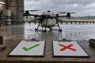 Two clipboards side by side on a hangar workbench, one with a green tick and one with a red cross, in front of a large generic agricultural spraying drone
