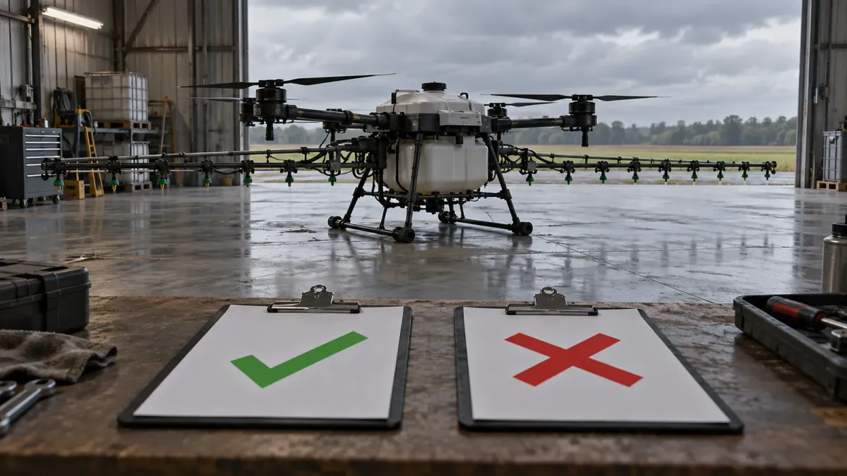 Two clipboards side by side on a hangar workbench, one with a green tick and one with a red cross, in front of a large generic agricultural spraying drone