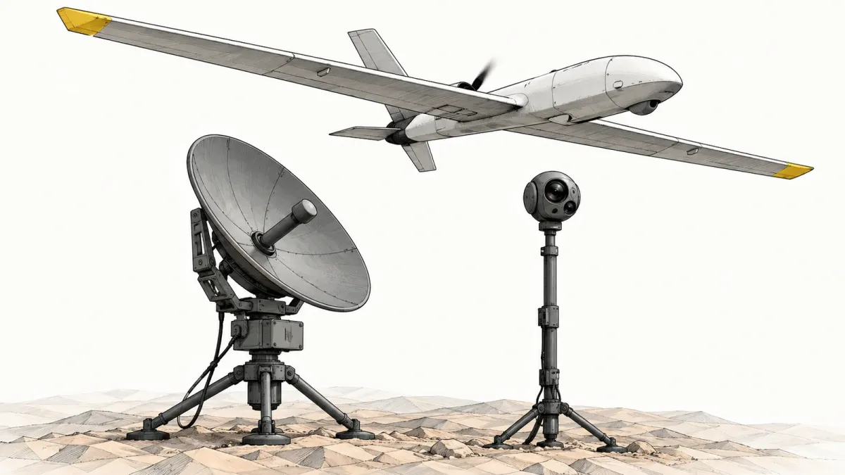 Illustration of a generic fixed-wing drone flying over a small ground radar dish and a sensor mast on a minimal low-poly ground, on an off-white background