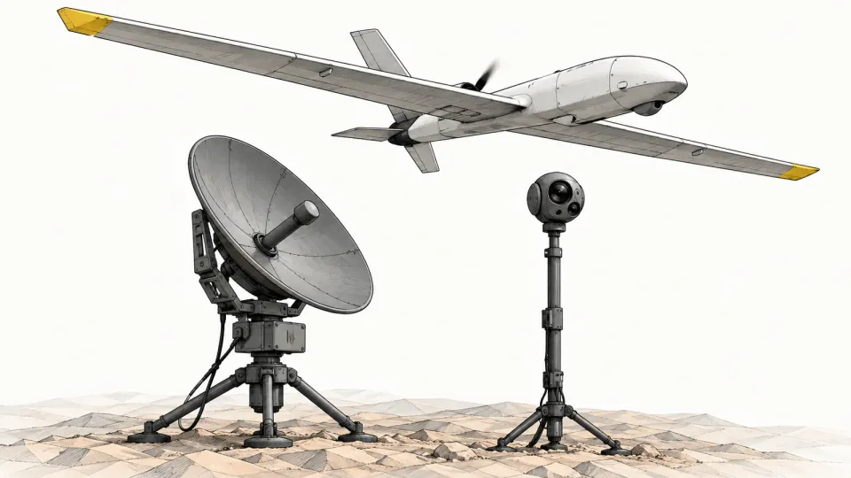 Illustration of a generic fixed-wing drone flying over a small ground radar dish and a sensor mast on a minimal low-poly ground, on an off-white background