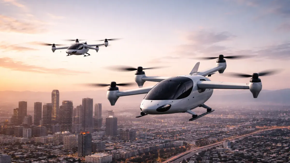 Illustration of two generic electric air taxis flying over a city at sunset