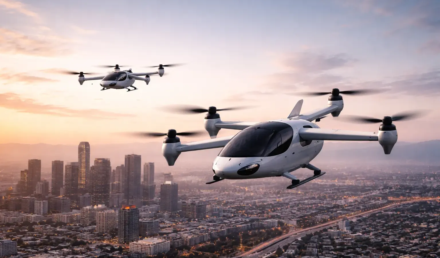 Illustration of two generic electric air taxis flying over a city at sunset