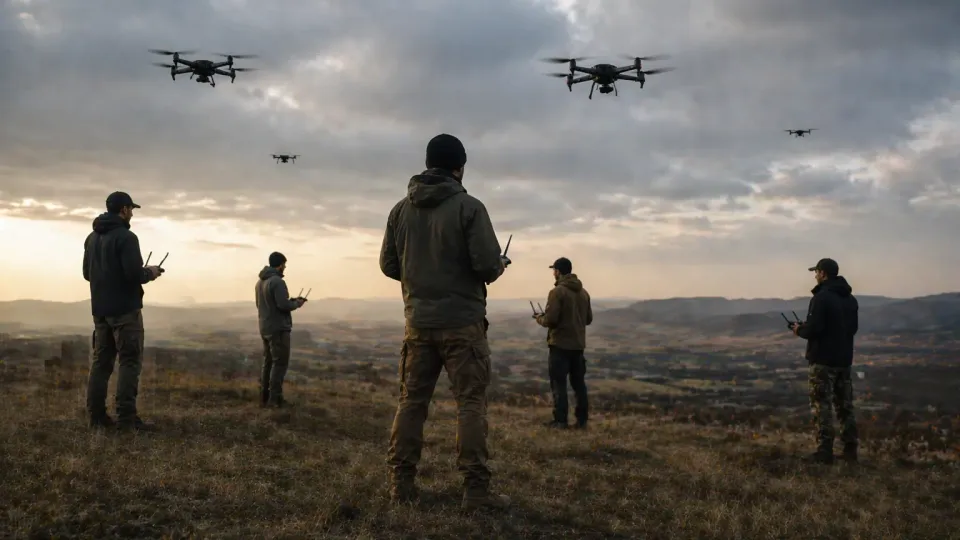 Drone operator flying near a federal law enforcement vehicle during a public demonstration
