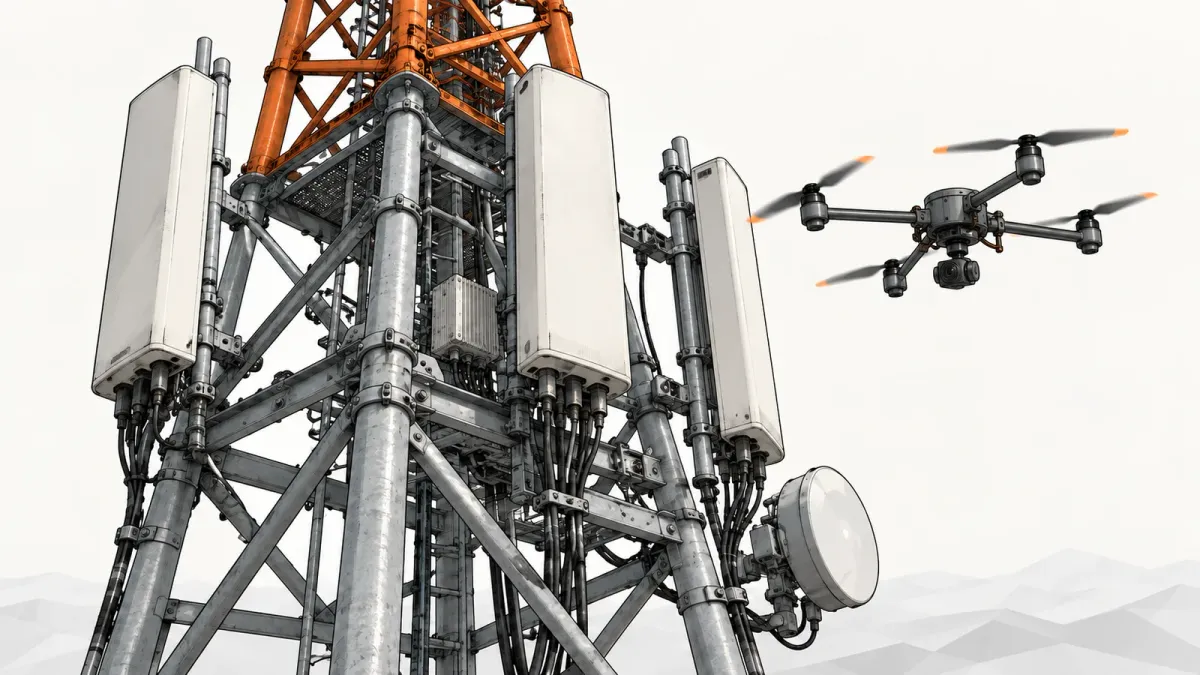 Illustration of a small generic quadcopter hovering beside the upper section of a lattice telecommunications tower with antenna panels, on an off-white background