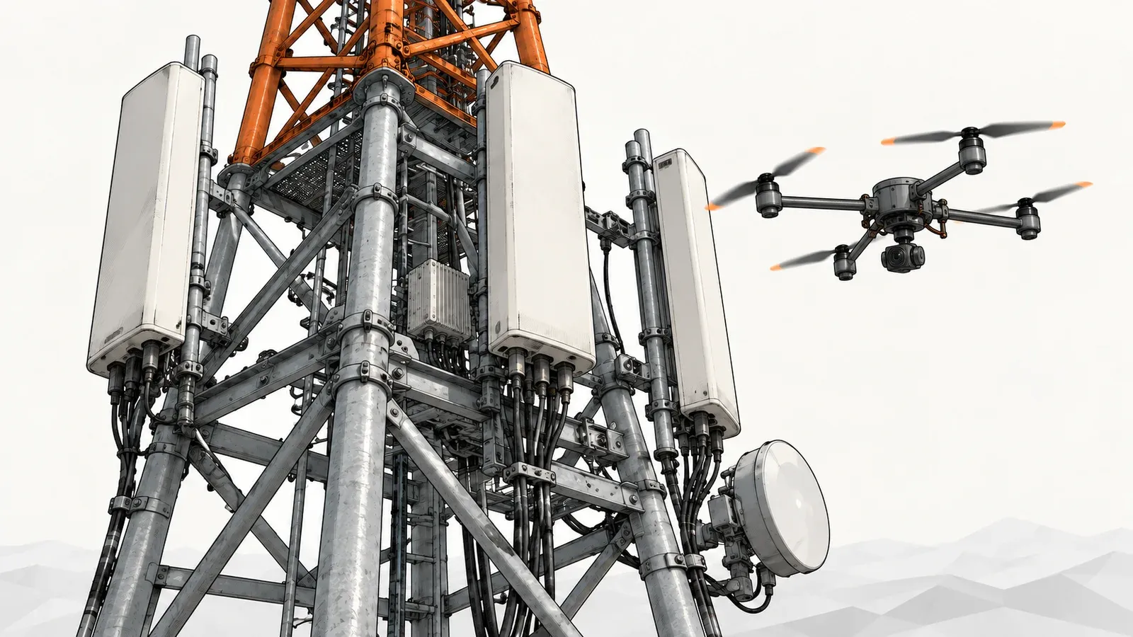 Illustration of a small generic quadcopter hovering beside the upper section of a lattice telecommunications tower with antenna panels, on an off-white background
