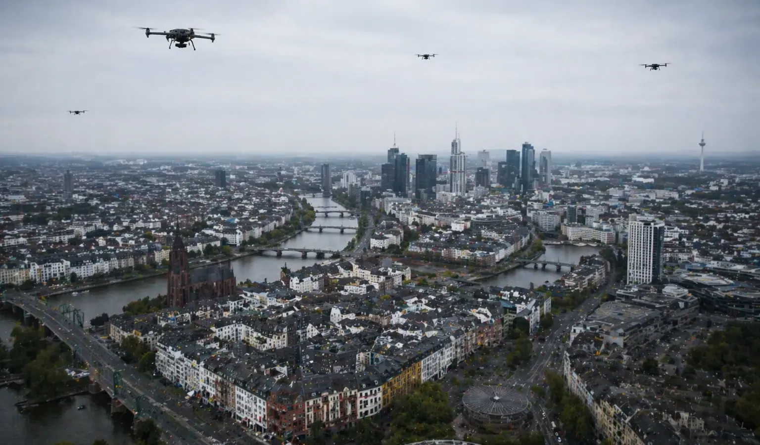 Drone flying in low-altitude urban airspace with air traffic control tower in background