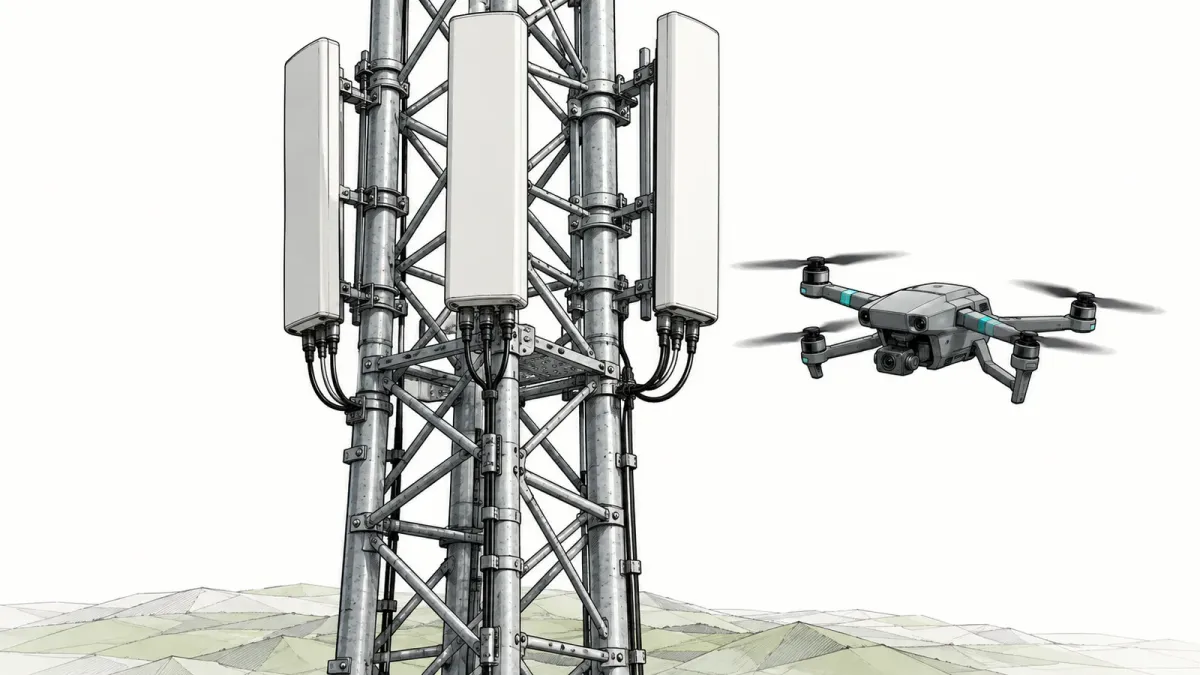 Illustration of a grey quadcopter with teal arm accents beside a lattice mobile phone mast with three white panel antennas, above pale faceted ground on an off-white background