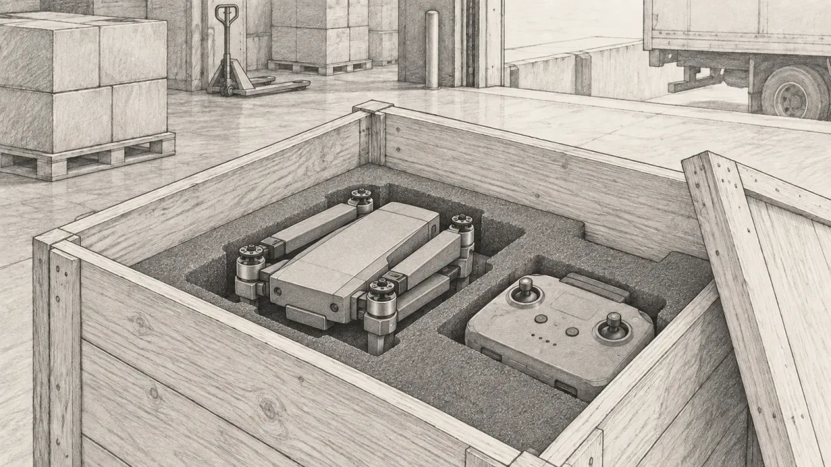 Graphite line drawing of a folded quadcopter and its controller inside an open shipping crate at a loading dock