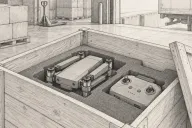 Graphite line drawing of a folded quadcopter and its controller inside an open shipping crate at a loading dock