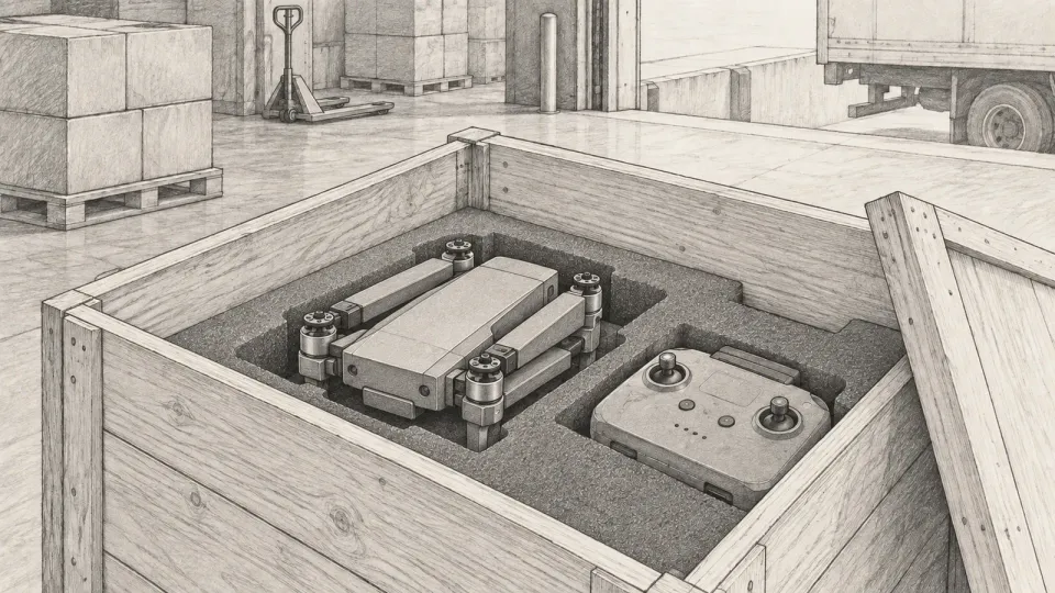 Graphite line drawing of a folded quadcopter and its controller inside an open shipping crate at a loading dock
