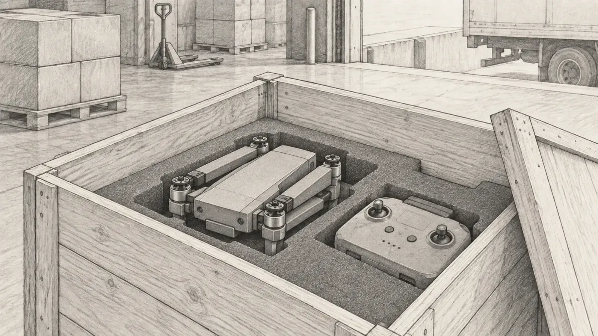 Graphite line drawing of a folded quadcopter and its controller inside an open shipping crate at a loading dock